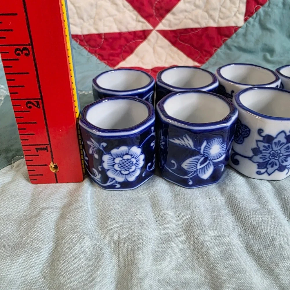 Blue and White Porcelain Floral Napkin Rings Set of 8 Chinoiserie Style
